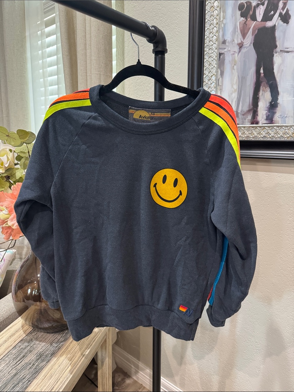 Aviator Nation Navy Sweatshirt with Yellow Smile Patch & Neon Shoulder Stripes